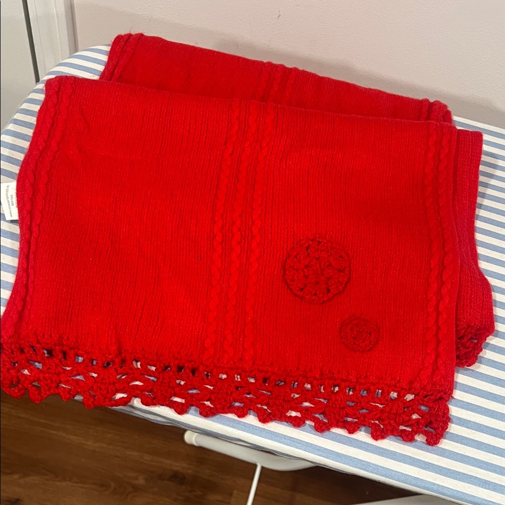 Red Knit Blanket with Crochet Edges